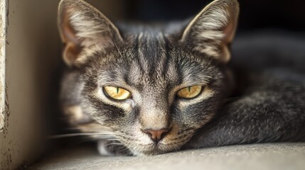 Grey cat resting near window, sunlit background, pet portrait