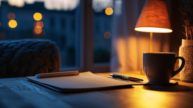 52. Notepad and pen on a surface, lit by warm task lamp and ambient light