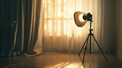 53. Camera on a tripod, lit by warm indoor light and light from a window