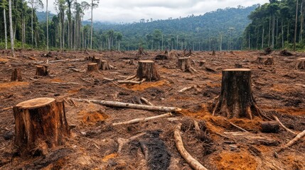 Rainforest deforestation, stumps, hills, cloudy sky; environmental impact