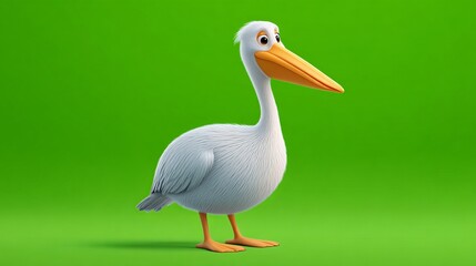 Playful Cartoon Pelican Standing Against a Vibrant Green Backdrop