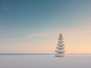 Beach stones balanced, calm sunset