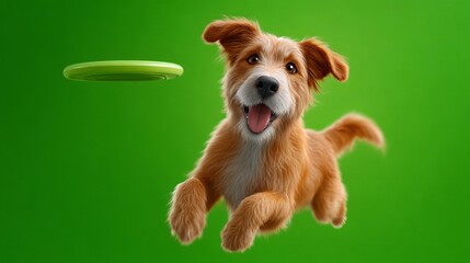 Cartoon Dog Jumping to Catch a Flying Frisbee Against a Bright Green Background