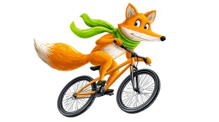 Fototapeta premium Cartoon Fox Jumping on BMX Bike with Green Scarf in Playful Action Scene