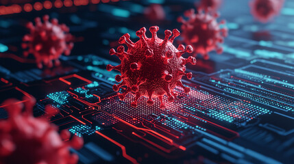 Virus bacteria on a computer screen. Virus model on a digital circuit board background.