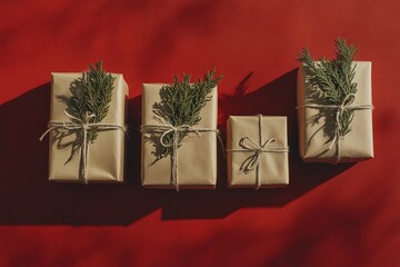 Gift presents wrapped in brown paper with greenery and jute twine arranged in row on red background casting strong shadows.