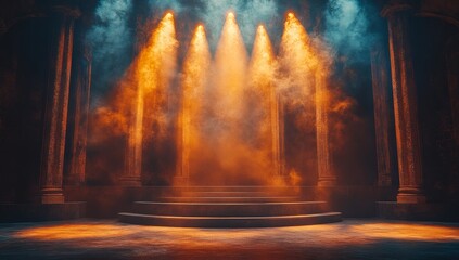 Obraz premium Dramatic Stage Setting with Orange Spotlights and Smoky Atmosphere
