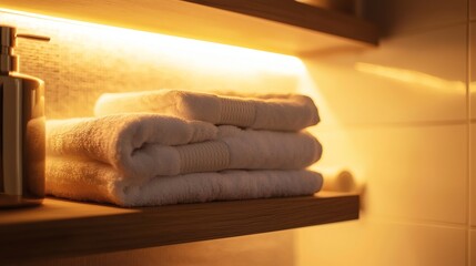 86. Towels folded on a bathroom shelf, lit by warm bathroom lights and natural light