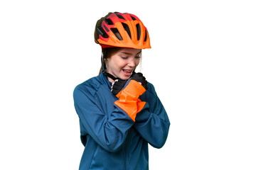 Young cyclist woman over isolated chroma key background is suffering with cough and feeling bad