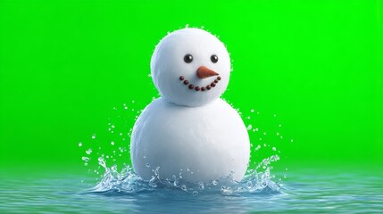 Realistic Snowman Melting in a Pool of Water with Vibrant Green Background