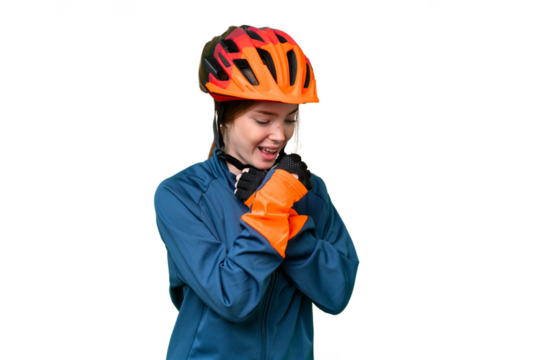 Young cyclist woman over isolated chroma key background is suffering with cough and feeling bad