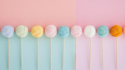 Pastel yarn balls on light wooden sticks against a pastel color background