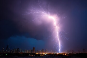 Lightning strikes illuminating the sky above a city, isolated on clean white background