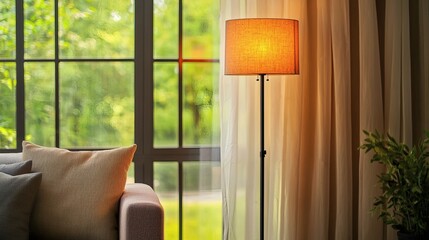 98. Floor lamp with a warm shade, casting light in a room with natural light