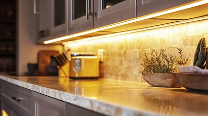 104. Under-cabinet lighting with warm tone, illuminating a kitchen counter with natural light