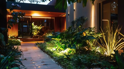 107. Landscape lighting with warm uplights on plants, seen from indoors with room light