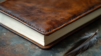 Obraz premium Vintage Leather Journal with Feather: A Rustic Still Life