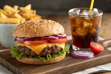 Cheeseburger with Lettuce, Tomato, and Onion Served with Fries and Soda &ndash; Classic American Fast Food Meal on Wooden Board &ndash; Tasty Combo and Refreshing Drink generative ai