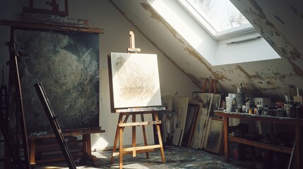 117. Easel with a half-finished painting, lit by warm studio light and skylight