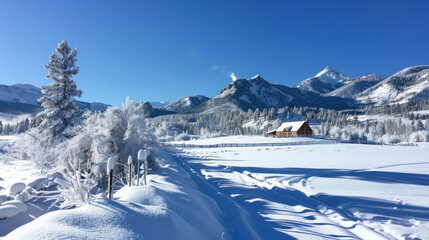 Winter barn in snowy mountains landscape