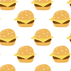 Pattern featuring burgers with cheese on a white background