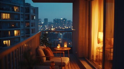 138. Balcony with a view of the city lights, lit by warm internal light and city glow