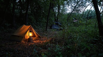 139. Tent site at dawn, lit by warm lantern and first light