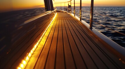 141. Boat deck at sunset, lit by warm deck lights and fading sun