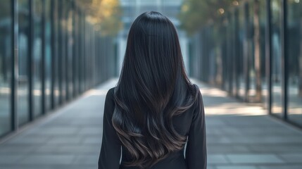 A woman with long, flowing hair walks away through a sleek corridor lined with glass. The urban environment features modern architecture and natural light filtering through
