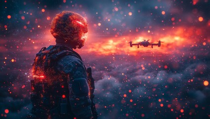 Futuristic Soldier and Drone at Night Dramatic Red Lighting Digital Art