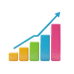 Colorful bar graph showing upward trend.  Growth, success, and progress concept. 3D icon, plastic illustration style on transparent or white background