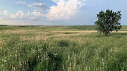 Open Prairie with Approaching Storm Behind Singular Tree Under Dynamic Cloudscape