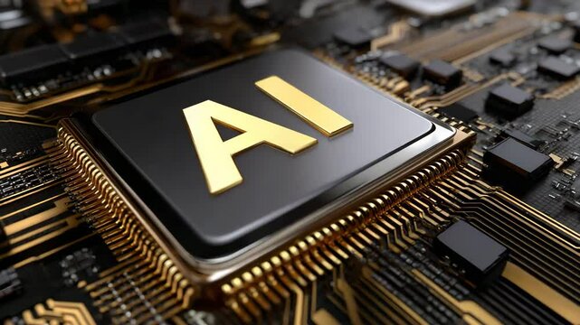 Close-up of a microchip showcasing the AI logo on a circuit board.
