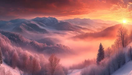 Fototapete Winter sunrise over a mountain valley shrouded in mist.  A breathtaking landscape of snow-capped peaks, frosted trees, and vibrant colors of sunrise © Akifah