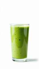 Green smoothie in a tall glass with a creamy texture on a white background