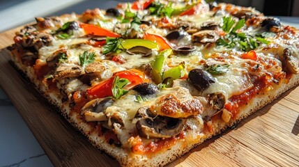 A freshly baked square pizza features a variety of toppings including mushrooms, colorful peppers, olives, and herbs. It rests appetizingly on a wooden cutting board, inviting flavor