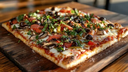 A rectangular pizza is topped with a colorful mix of olives, tomatoes, and green herbs. This dish is beautifully presented on a rustic wooden board in a warm restaurant environment