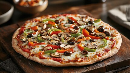 A delicious vegetarian pizza, featuring a crispy crust topped with vibrant mushrooms, red and green peppers, and black olives, is served on a wooden board in a warm restaurant atmosphere