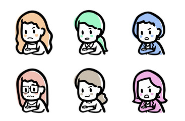 怒った表情で腕組みする、女性のバリエーション