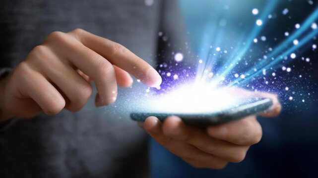 Person interacting with smartphone, showcasing digital effects and modern technology.