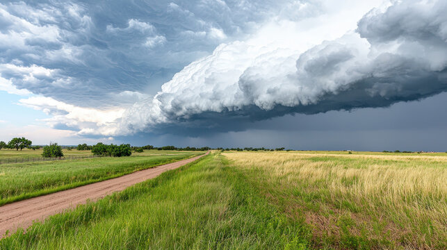 Dramatic cloud formation looms over rural landscape, showcasing cold front moving in. scene captures beauty and power of nature