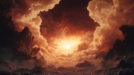 A breathtaking view captures swirling clouds illuminated by a vibrant sunset over a rugged terrain. The colors merge dramatically, creating an ethereal atmosphere that captivates