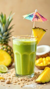 Tropical green smoothie in clear glass with pineapple and umbrella  