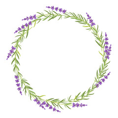Obraz premium Lavender flowers frame. Circle Lavender wreath. Vector flat grass lavender Illustration. Lavender flowers border for save date, inscriptions, print for birthday, wedding Invitation, congratulation