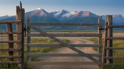 Fototapeta premium Rustic wooden gate opens to scenic mountain landscape at sunset revealing dirt path and distant snow-capped peaks
