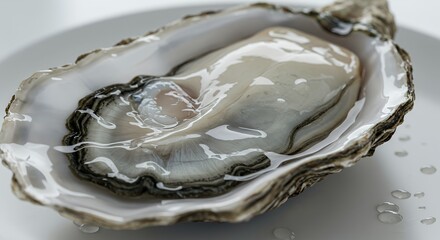 Close-up of a Fresh Oyster in its Shell, glistening with water droplets