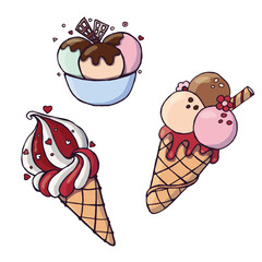 Cute Ice Cream Cones with Toppings Vector Illustration