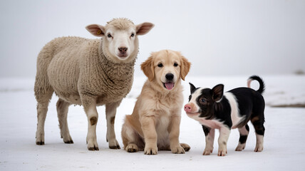 Obraz premium Cute farm animals gathered together on a snowy landscape during winter