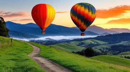 Naklejka premium Two Colorful Hot Air Balloons Soaring Over Misty Green Hills at
