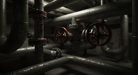 Intricate Network of Industrial Pipes and Valves in a Dark, Underground Setting